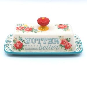 The Pioneer Woman Vintage Floral Stoneware Butter Dish Teal Red 2 Piece Set